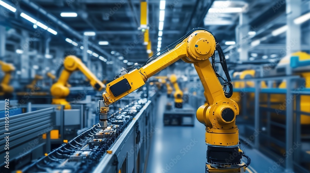Poster automated machinery working on precision tasks in a modern factory.