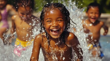 Obraz premium Children splashing and laughing in a city park fountain on a bright summer day, surrounded by greenery and vibrant urban life, embodying carefree childhood joy and fun.