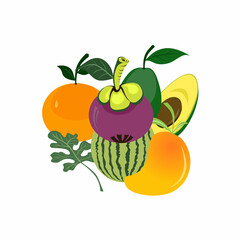 Vector illustration featuring various tropical fruits. Mango, avocado, mangosteen, watermelon and orange. Ideal for promoting healthy lifestyle and nutrition concepts. Perfect for websites and marketi