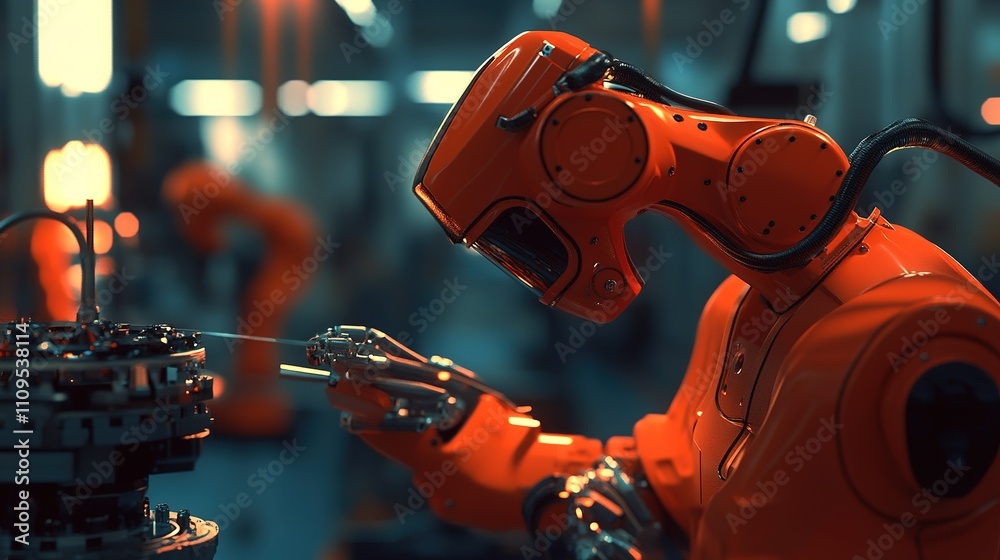 Poster engineers programming factory robotics for precision manufacturing.