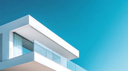 White simple architectural facade against blue sky for presentation with large concrete structures and clean lines, featuring a minimalistlook.