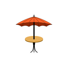 Vector illustration of a patio table with bright orange umbrella, ideal for outdoor dining and relaxing. Suitable for garden or beach themed projects.