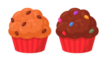 Cartoon cupcakes. Sweet pastry vanilla and chocolate muffins, delicious dessert with chocolate chip flat vector illustration. Tasty cupcakes on white