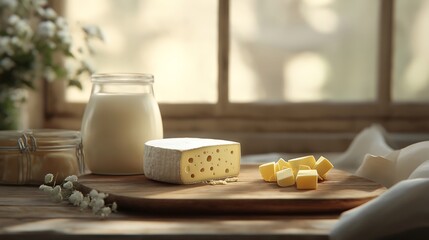 Organic dairy products, milk and cheese on wooden board, 3D illustration.