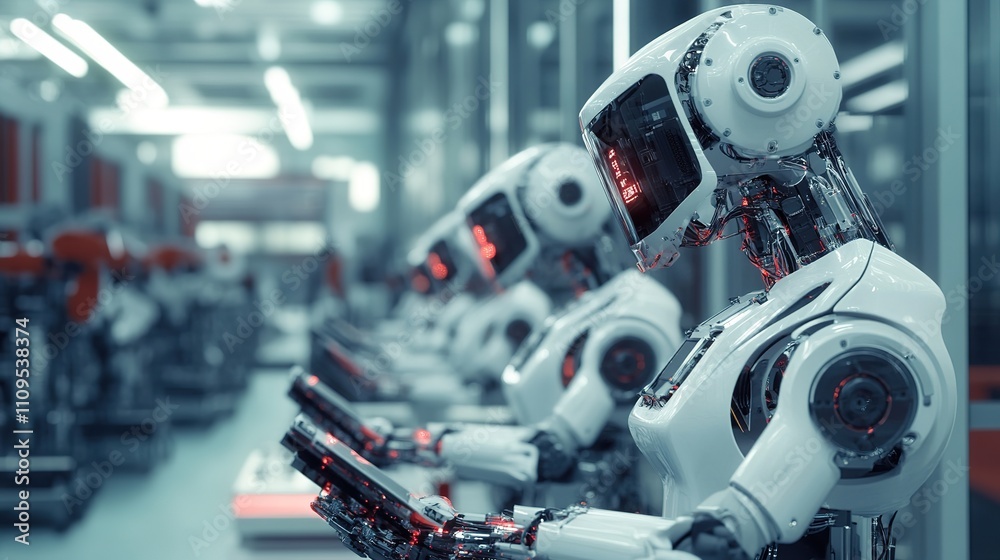 Poster engineers programming factory robotics for precision manufacturing.