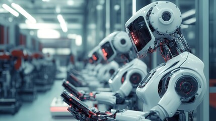 Fototapeta premium Engineers programming factory robotics for precision manufacturing.