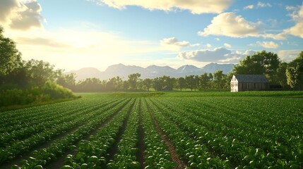 Organic farm, lush green fields with crops, 3D illustration.