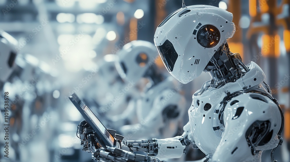 Poster engineers programming factory robotics for precision manufacturing.