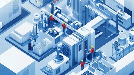 Fototapeta premium Engineers setting up complex machinery for a high-tech production facility.