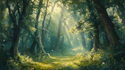 Naklejka premium Enchanting Forest Glow, a vibrant green forest illuminated by gentle sunlight, evoking a serene and mystical ambiance among the towering trees and foliage.