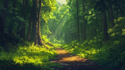 Obraz premium Serene Forest Path: A Journey into Nature's Embrace - Sunlit path, lush greenery, tranquil forest, peaceful nature, woodland walk. Escape to serenity.
