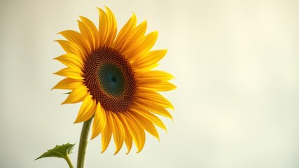 Obraz premium A single sunflower with bright yellow petals and a dark brown center, set against a soft off-white background.