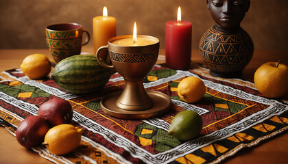 Decorative Kwanzaa kinara featuring colorful fruits and a candle in an artistic cup, creating a vibrant cultural table setting