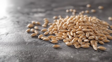 Fototapeta premium Organic wheat grains, scattered on rustic surface, 3D illustration.