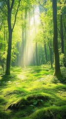 Naklejka premium Serene Forest Glade, vibrant green foliage, soft sunlight streaming through tree branches, enchanting and peaceful ambiance inviting relaxation and reflection