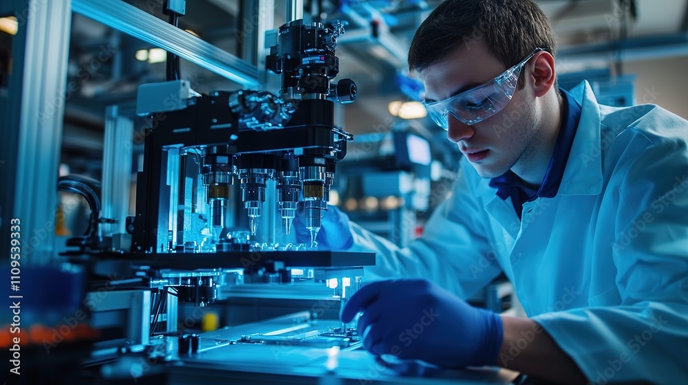 Poster engineers testing and optimizing new automated machinery for mass production.
