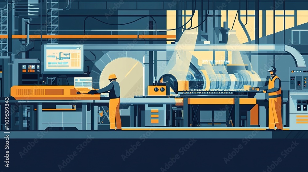Poster engineers testing and optimizing new automated machinery for mass production.