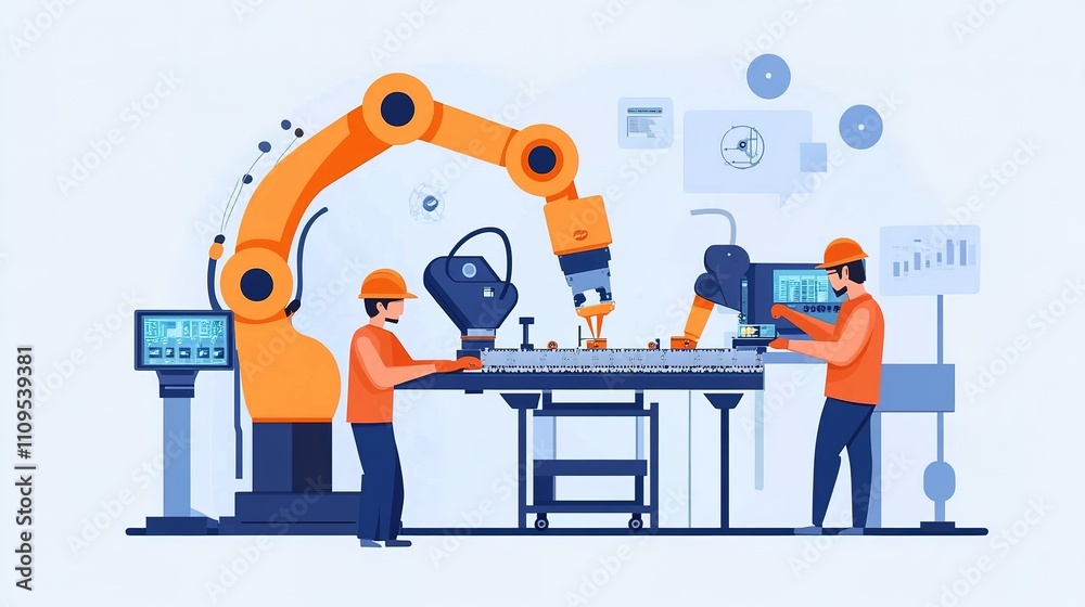 Poster engineers testing and optimizing new automated machinery for mass production.