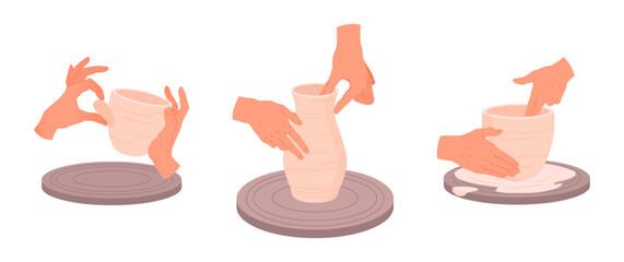 Hands making pots. Pottery workshop process, ceramic crafting process flat vector illustration set. Cartoon potter's hands making pots on pottery wheel