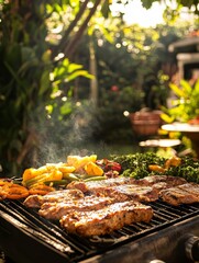 Sizzling Summer Barbecue: Backyard Grill Feast - Delicious grilled meats and vegetables on a backyard barbecue grill, perfect for summer gatherings.  Food, fun, family, friends, outdoors.