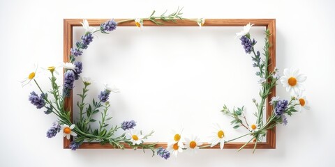 A rustic wooden frame adorned with a delicate arrangement of white daisies and purple lavender blossoms, creating a charming and inviting border.