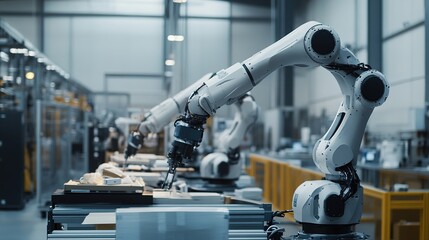 Engineers testing new robotic arms in a high-tech manufacturing facility.