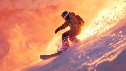 A Snowboarder Descending Through a Forest Covered in Snow, sunset
