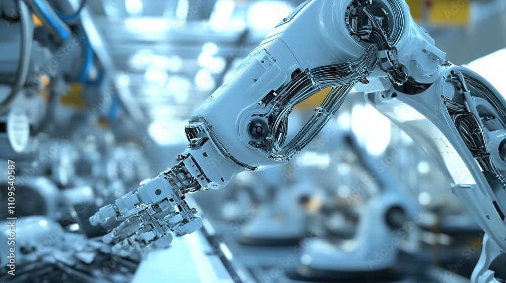 Poster factory robotics installing and managing delicate parts with perfect precision.
