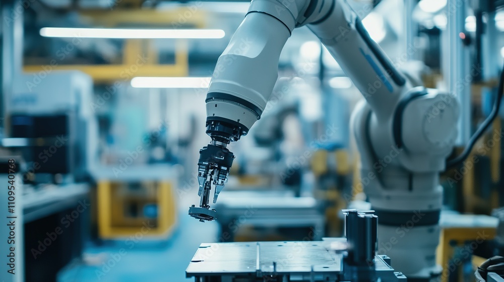 Poster factory robotics installing and managing delicate parts with perfect precision.