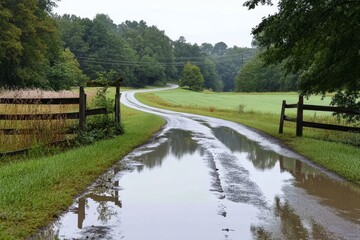 Fototapeta premium Tranquil Country Road After the Rain - Serene country road reflecting calm after rain, symbolizing peace, nature, journey, reflection, and renewal.