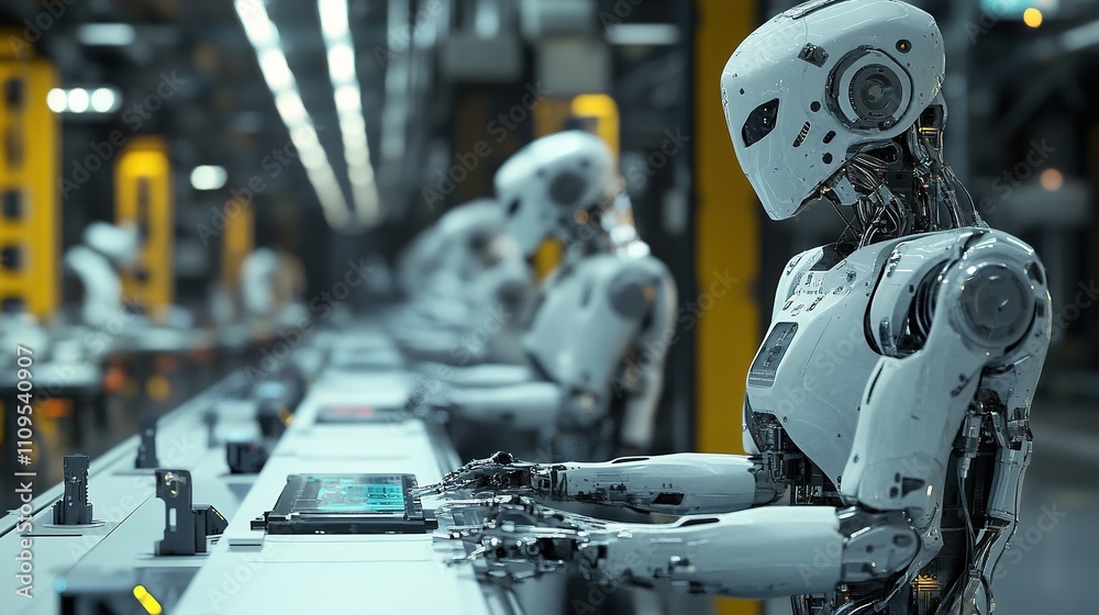 Poster factory robotics operating autonomously in a fully automated factory.