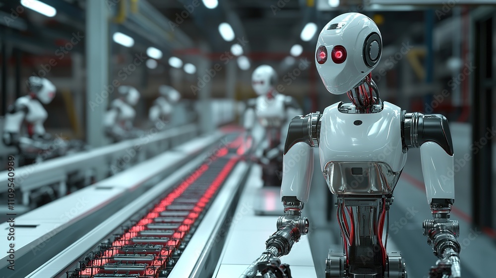 Poster factory robotics operating autonomously in a fully automated factory.