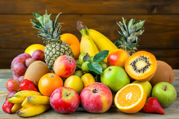 Fresh fruit assortment on wooden table with vibrant colors