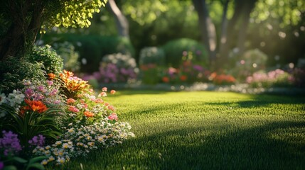 Obraz premium Tranquil Garden Oasis, a serene outdoor space adorned with vibrant blooming flowers and lush soft grass, inviting relaxation and a sense of calm amidst nature's beauty