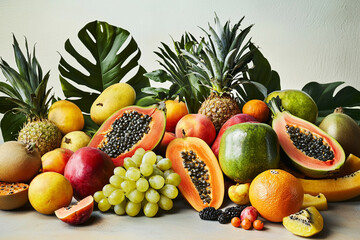 Fresh tropical fruit display showcases vibrant colors and textures