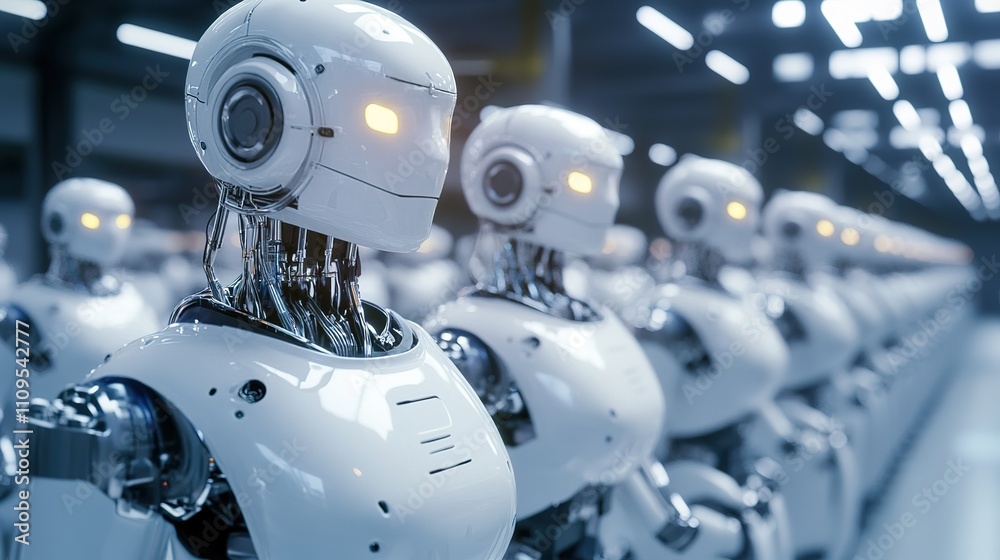 Poster robots handling repetitive tasks in a smart factory environment.