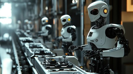 Fototapeta premium Robots operating automated machinery in a high-tech production facility.
