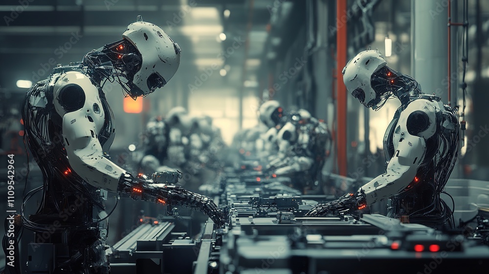 Poster robots working on a high-speed production line in an advanced factory.
