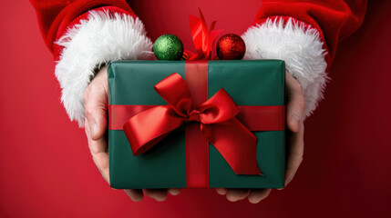 santa claus holding a green gift with red ribbon