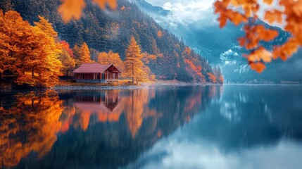 Fototapeta premium Lakeside Serenity in Autumn, tranquil lake surrounded by vibrant fall foliage, reflections shimmering on still water, evoking a sense of peace and natural beauty