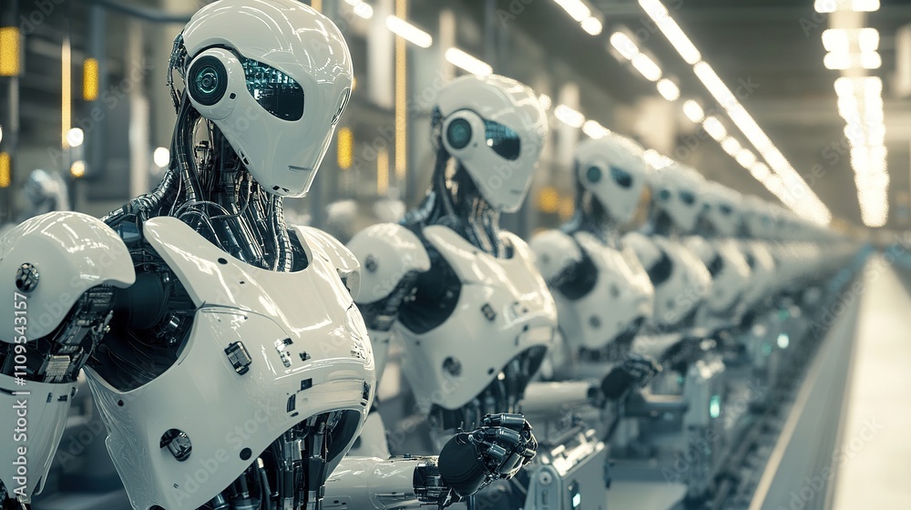 Poster robots working on a high-speed production line in an advanced factory.