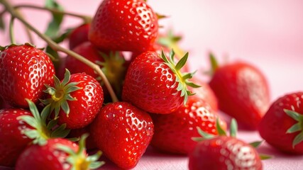 A close-up of a cluster of ripe red strawberries with green leaves, glistening with moisture, on a pink background.