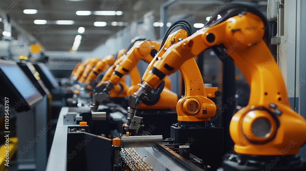 Poster technicians assembling and installing robotic systems in a modern factory.