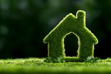 Naklejka premium A green, moss-covered house silhouette symbolizes eco-friendliness and sustainability, set against a blurred green background.