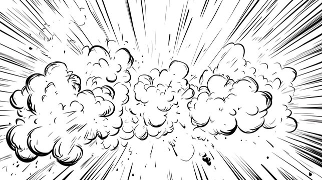 Cartoon doodle action effects set, including explosive bursts, motion lines, and comic-style smoke clouds
