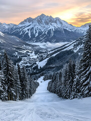 Obraz premium Snowy mountain valley at sunset, ski slope view.