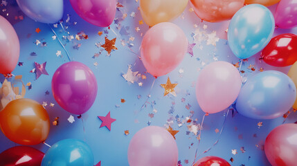 Colorful balloons and confetti create a festive celebration atmosphere