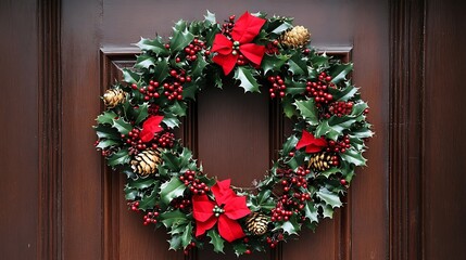 Traditional holly wreath with rich colors and text Merry Christmas in the image