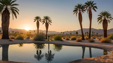 Desert Oasis at Dawn: Serene Wallpaper with Crystal Waters and Golden Dunes