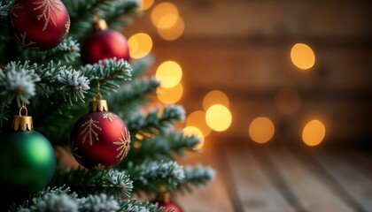 A beautifully decorated Christmas tree adorned with green and red baubles. Warm glowing lights create a festive and cozy holiday atmosphere, perfect for seasonal celebrations and joyful gatherings.

